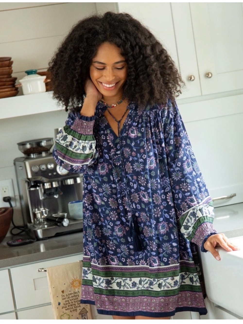 Natural Life Dara Tunic Mini Dress Long Sleeve Floral Boho Tassels Blue XL